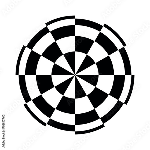 A circular pattern with alternating black and white wedges and concentric rings in a checkerboard style
