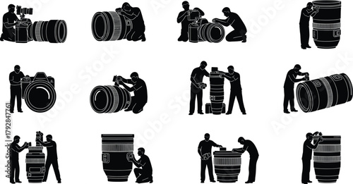 Silhouette people interacting with giant camera lenses, photography equipment concept, creative illustration, flat vector design, professional gear, minimal artistic metaphor