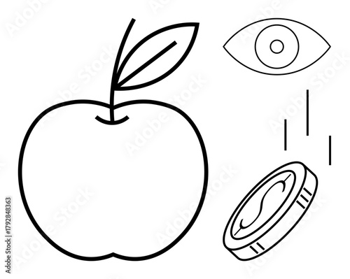 Apple with a leaf, coin with currency sign, eye, and motion lines, representing health, knowledge, value, observation, choice education and knowledge economy in simple flat metaphor