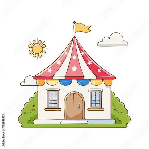 Whimsical striped circus tent building with stars, sun, and clouds