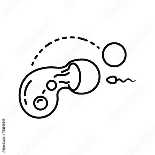 Fertilization process icon, sperm approaching egg in fallopian tube