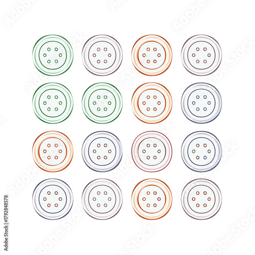 Collection of Colorful Circular Buttons with Six Holes Arrangement in a Grid Pattern