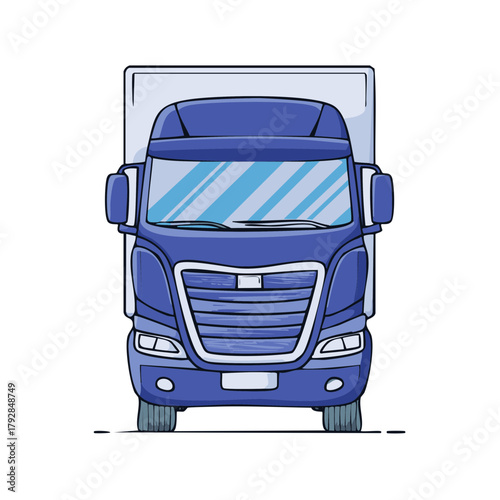 Front view of a blue semi truck illustration in a cartoon style with a white trailer
