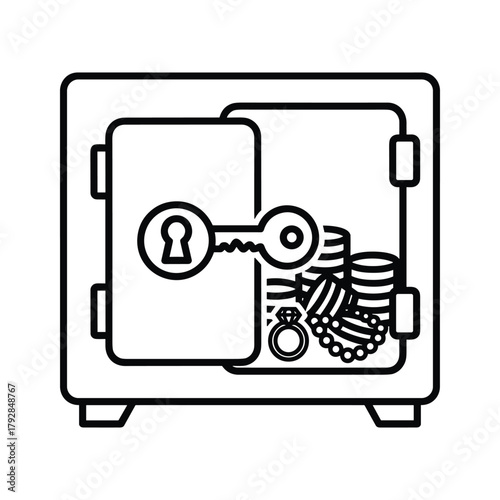 Open safe with key, ring, and coins inside, representing valuables and wealth storage