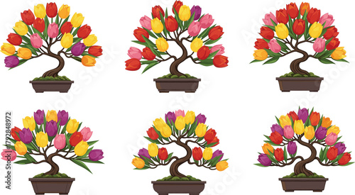Colorful tulip bonsai trees, blooming spring flowers, miniature garden plant, decorative floral art, nature illustration