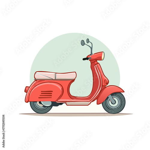 Retro red scooter parked on a street with mint green abstract background