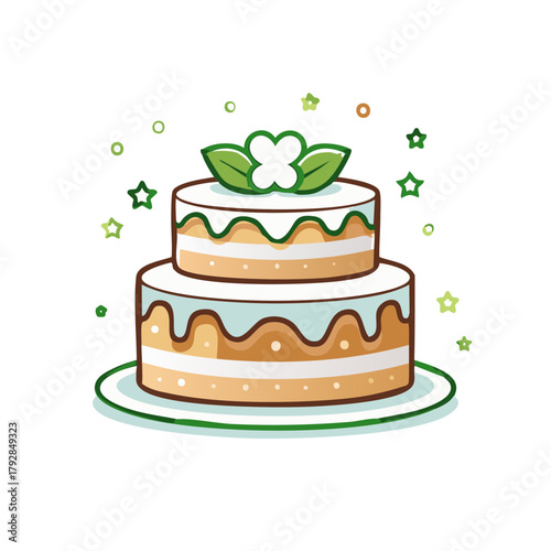 Festive Two-Tiered Cake with Green Icing Swirls and Leafy Topper Celebrating Special Occasions