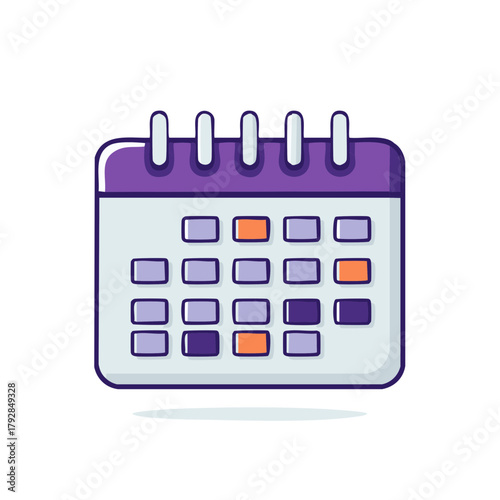 Colorful cartoon calendar vector illustration featuring purple binding and highlighted important dates