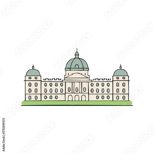 Illustration of a grand building with domes and many windows