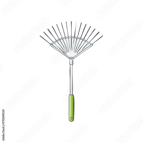 Handheld garden rake with fan-shaped tines and green handle for yard work