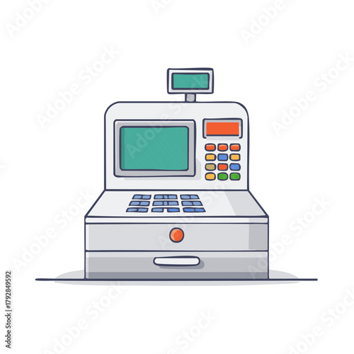 Cash register machine illustration with buttons and screen