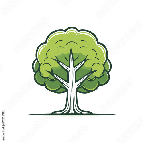 Stylized green tree with thick trunk and canopy on white background