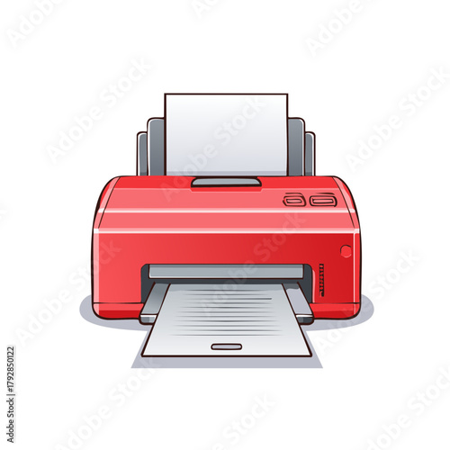 Red inkjet printer printing documents with paper output and input trays