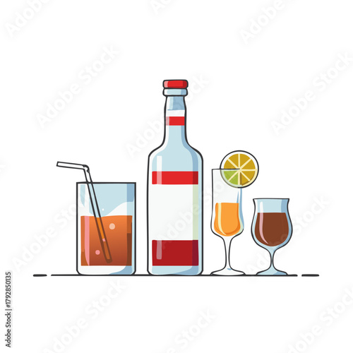 Assorted alcoholic and non-alcoholic drinks, bottle, and glasses with garnishes