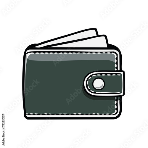 Hand drawn illustration of a closed dark green wallet with white paper sticking out