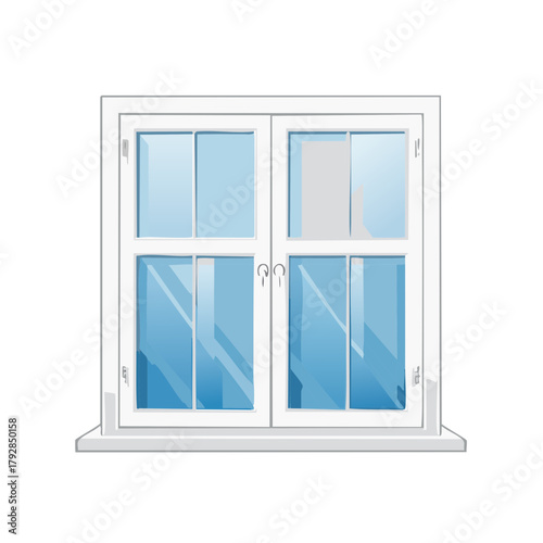 Classic white double casement window with blue reflective panes and ornate metal latches