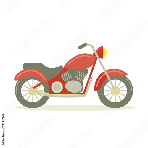 Red cruiser motorcycle illustration with chrome details and yellow headlight