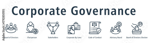 Corporate governance web banner icon vector illustration concept with icon of board of directors, chairperson, stakeholders, corporate by laws, code of conduct, advisory board, and election.