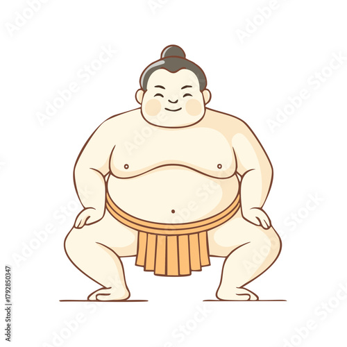 Joyful cartoon sumo wrestler in traditional mawashi posing for a match
