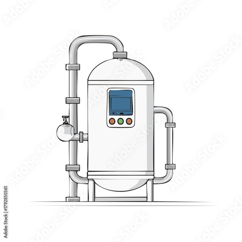 Illustration of industrial pressure tank equipment with pipes and control panel