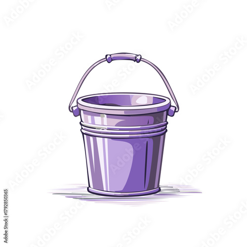 Illustration of a Purple Bucket with Handle in Graphic Style, Metal Container for Cleaning or Gardening