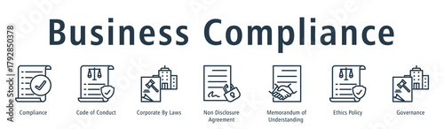 Business compliance web banner icon vector illustration concept with icon of compliance, code of conduct, corporate by laws, non disclosure agreement, memorandum of understanding, and ethics policy