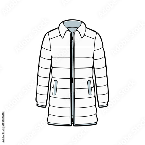 Illustration of a white winter coat with a collar and zipper. Fashion design.