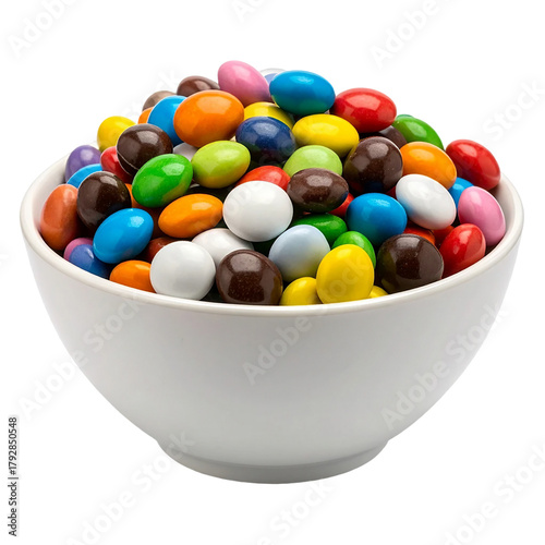 white bowl with colorful candy coated chocolates isolated on white background