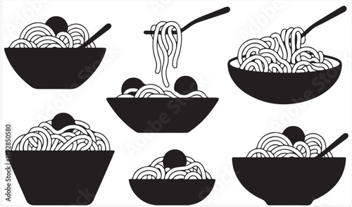 Minimal food icon set featuring various noodle bowl designs
