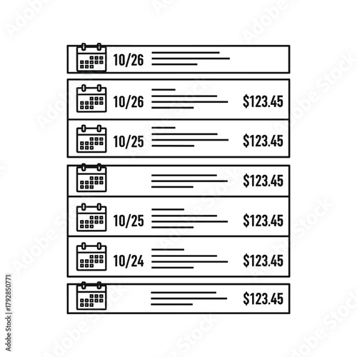 List of financial transactions with dates and amounts, representing budgeting and expenses