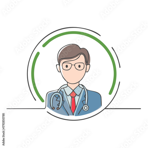 Doctor wearing glasses and stethoscope with red tie inside circle illustration