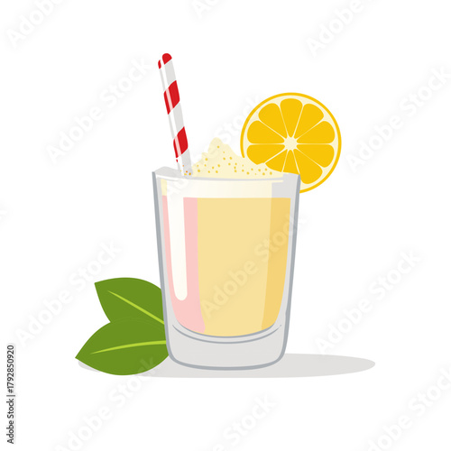 Refreshing yellow drink in a glass with a straw, lemon slice, and green leaves illustration