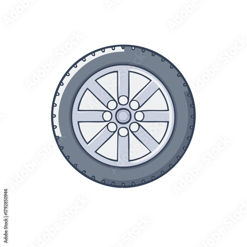 Detailed cartoon illustration of a single car wheel with a tire and a six-spoke alloy rim