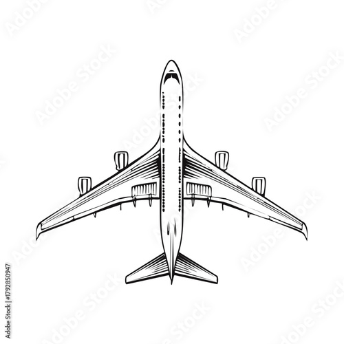 Black and white line art illustration of a large passenger airplane from a top-down aerial view