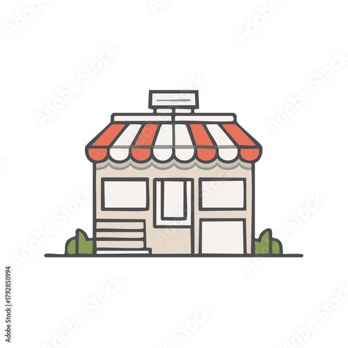 Cute cartoon storefront with striped awning and display windows