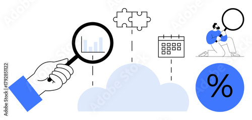 Magnifying glass inspecting data graph alongside puzzle piece, calendar, cloud, percentage icon, and researcher. Ideal for data, analytics, strategy, teamwork cloud computing research