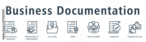 Business documentation web banner icon vector illustration concept with icon of non disclosure agreement, memorandum of understanding, case study, patent, business model, and compliance 
