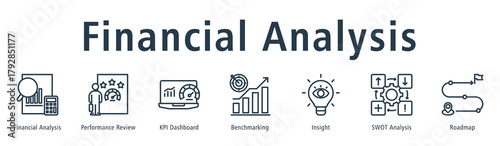 Financial analysis web banner icon vector illustration concept with icon of financial analysis, performance review, KPI dashboard, benchmarking, insight, SWOT analysis, and roadmap.
