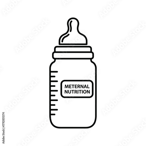 Black and white illustration of a baby bottle with measurement markings and the text maternal nutrition