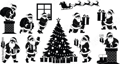 Santa Claus silhouette, Christmas tree, gift delivery, festive poses, reindeer sleigh, chimney scene, holiday joy, winter celebration – flavector