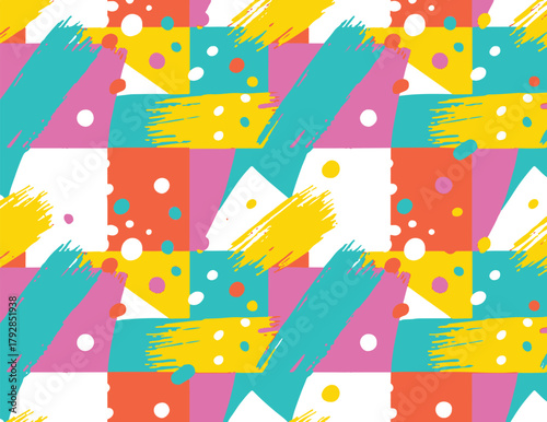 A vivid abstract pattern featuring neon brush strokes, geometric diamonds, and playful dots. Perfect for bold branding, backgrounds, or textiles needing energetic