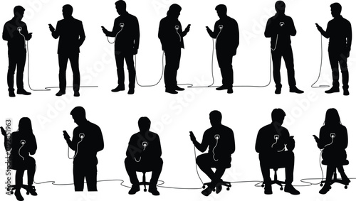 Silhouette people connected smartphones charging cables, digital addiction concept, modern society technology dependence, flat vector illustration, minimal design, metaphor communication