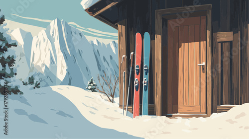 Skis beside a wooden cabin door in snowy mountains, cozy vector winter composition 