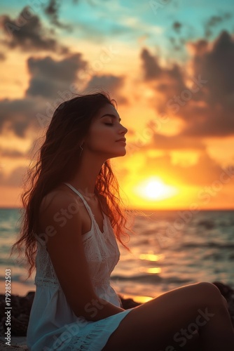 Calm young woman in white dress sitting by the sea at sunset with eyes closed and relaxed expression