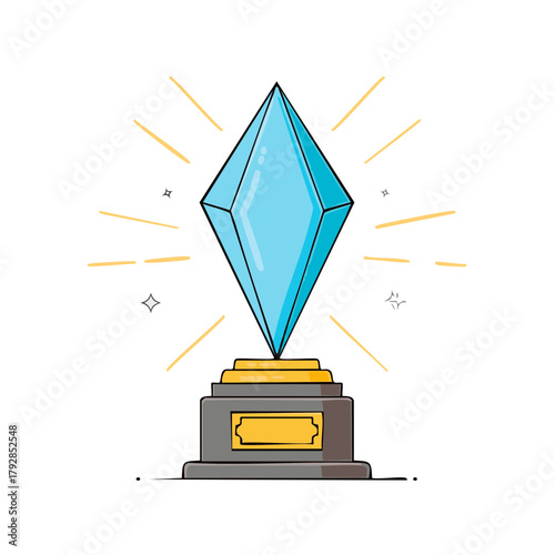 Shiny Diamond Shaped Trophy with Stars and Radiant Lines Achievement Illustration