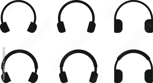 Headphone Icon Set. Headset and Digital Communication Icons collection. Audio Listening and Music Symbol. Listening Equipment and Volume Control