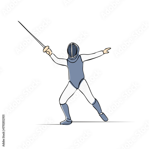 Dynamic Fencer in Protective Gear Performing Lunge with Sword Weapon Illustration