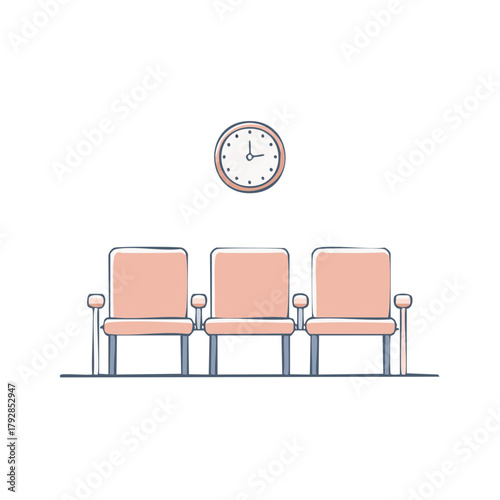 Minimalist illustration of a vacant waiting area with a row of three chairs and wall clock