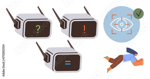Three surveillance cameras with question, exclamation, and equal symbols representing decision-making target detection graphic falling figure. Ideal for technology, security, analysis, AI ethics