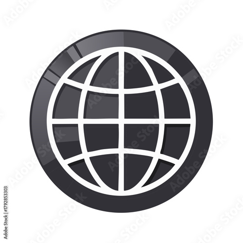 Glossy Dark Gray Globe Icon with White Grid Network Design Isolated